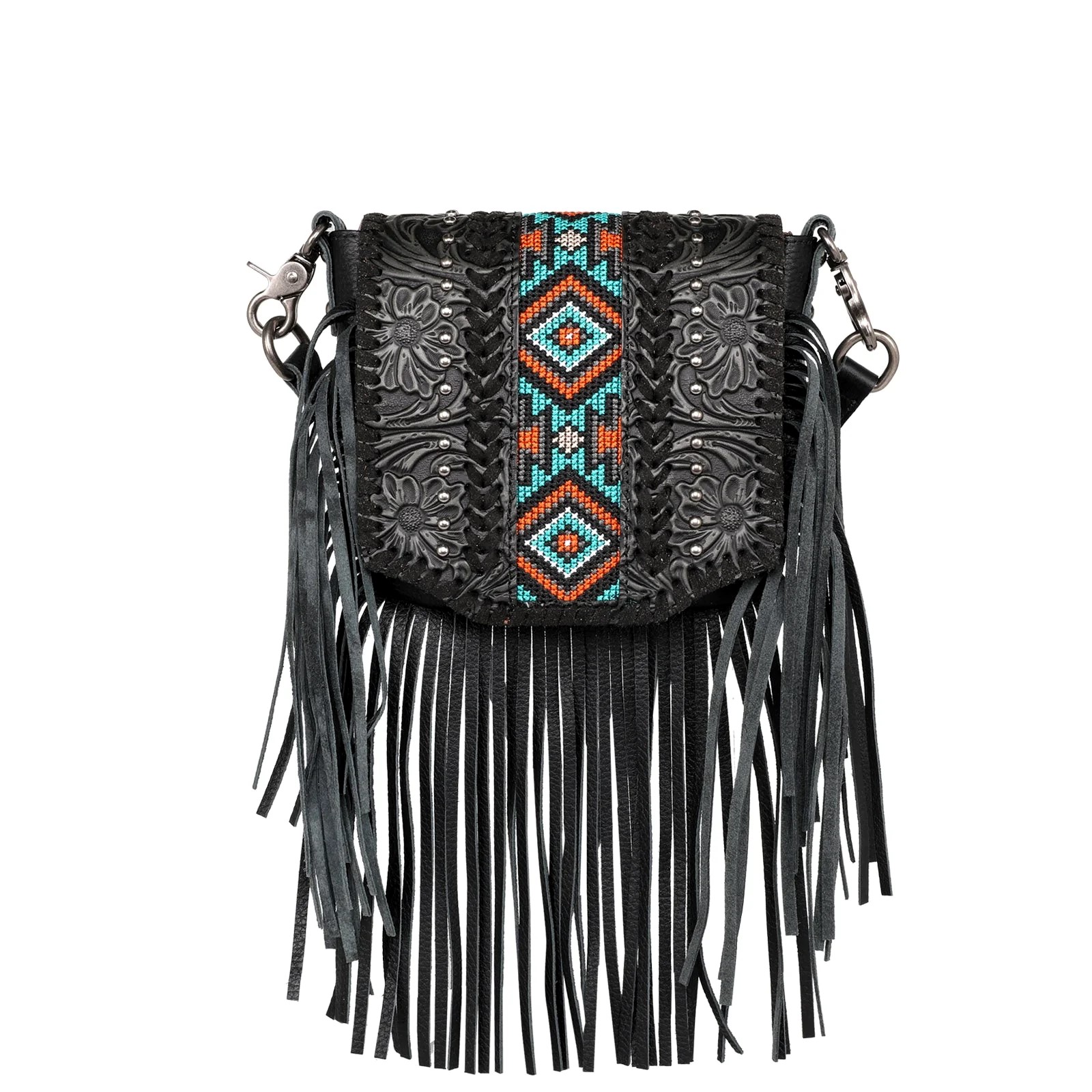 Montana West Genuine Leather Floral Tooled Fringe Crossbody Coffee